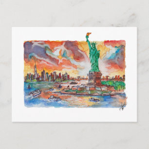 Hand Painted Liberty Statue Watercolor Postcard
