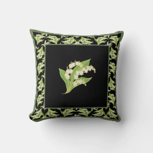 Hand-painted Lilies-of-the-Valley on Black Cushion
