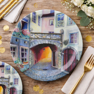 Hand-Painted Luxembourg Old Town Cityscape Paper Plate