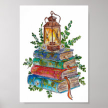 Hand Painted Magical Books Lantern Watercolor