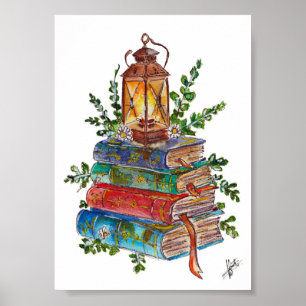 Hand Painted Magical Vintage Books Lantern Waterco Poster
