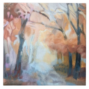 Hand painted modern orange yellow brown trees tile
