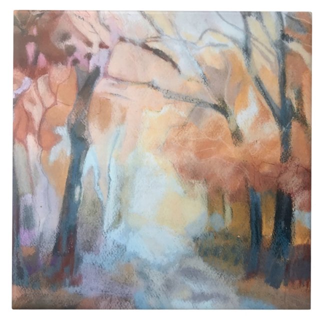 Hand painted modern orange yellow brown trees  tile (Front)