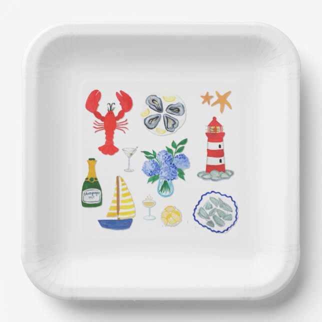 Hand Painted Nantucket Themed Dinner Paper Plate (Front)