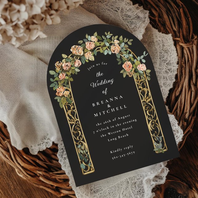 Hand painted nouveau rose arch black wedding invitation (Creator Uploaded)