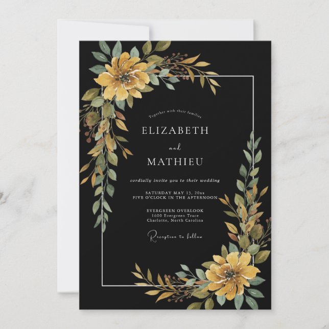Hand Painted Ochre Leafy Charcoal Wedding Invitation (Front)
