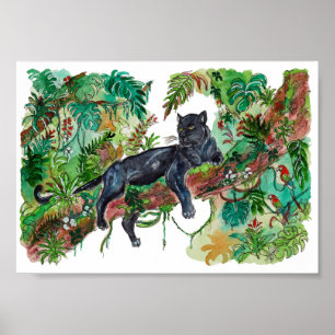 Hand Painted Panther Jungle Watercolor Art Poster