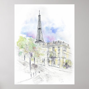 Hand painted Paris Eiffel Tower street corner ink  Poster