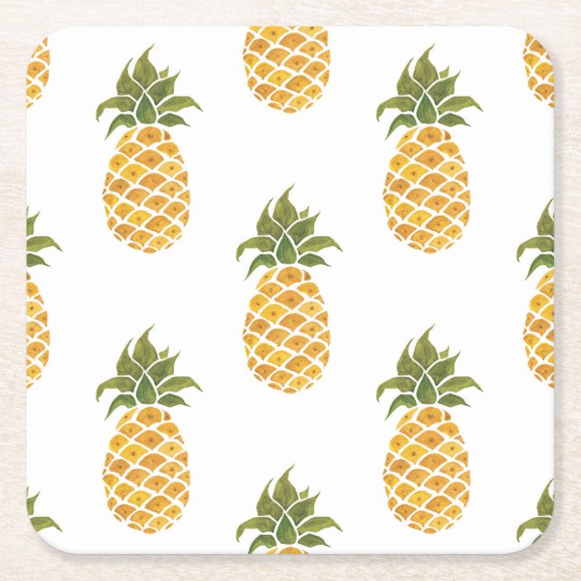 Hand-painted pineapples, watercolor background. square paper coaster (Front)