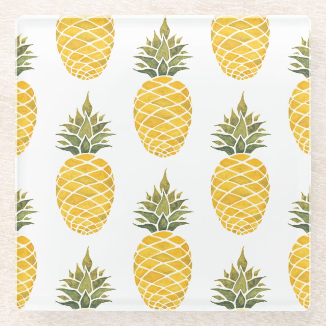Hand Painted Pineapples: Watercolor Seamless. Glass Coaster (Front)