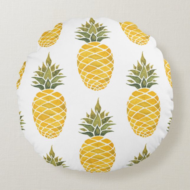Hand Painted Pineapples: Watercolor Seamless. Round Cushion (Front)