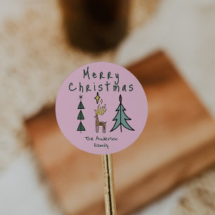 Hand Painted Pink Abstract Christmas Tree Reindeer Classic Round Sticker