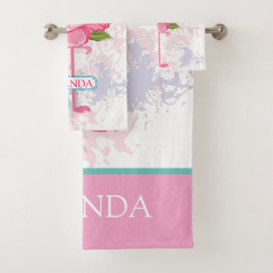 Hand painted pink flamingo Personalised Bath Towel Set