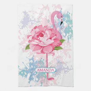 Hand painted pink flamingo tea towel