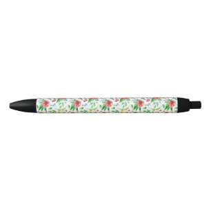 Hand Painted Pink Flowers Floral Pattern-23498 Black Ink Pen