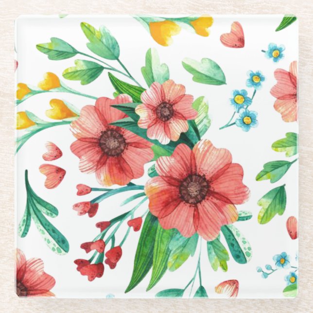 Hand Painted Pink Flowers Floral Pattern-23498 Glass Coaster (Front)