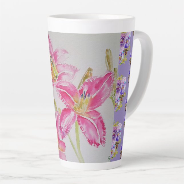 Hand Painted Pink Lily Lillies floral Latte Mug (Right Angle)