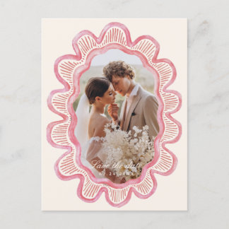 Hand-painted pink scalloped oval photo frame postcard