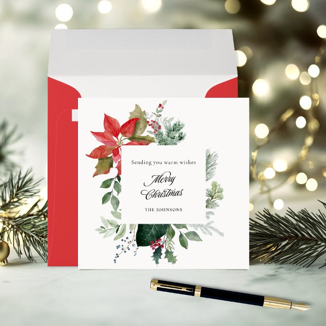 Hand Painted Poinsettia Botanical Merry Christmas Holiday Card (Creator Uploaded)