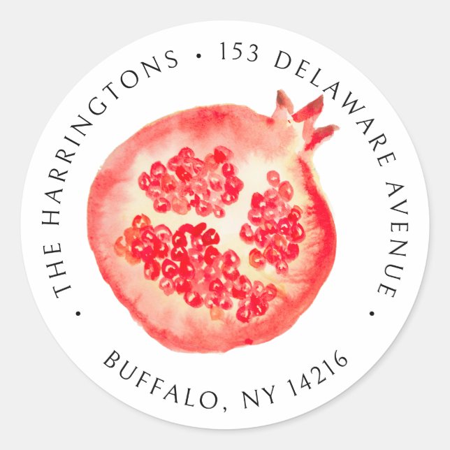 Hand-Painted Pomegranate Elegant Return Address  Classic Round Sticker (Front)