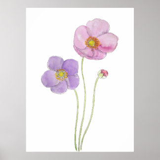 hand painted purple and pink cosmos flowers ink an poster