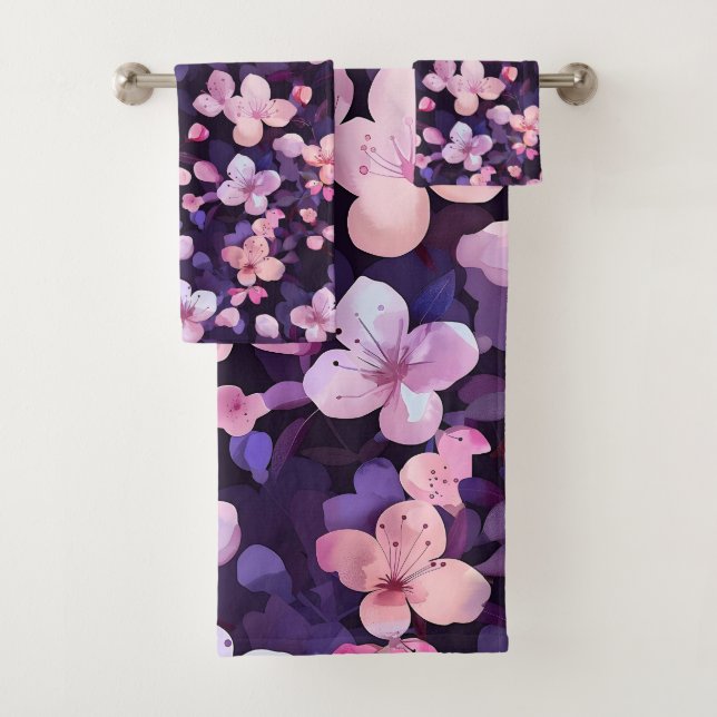 Hand painted purple cherry blossoms bath towel set (Insitu)