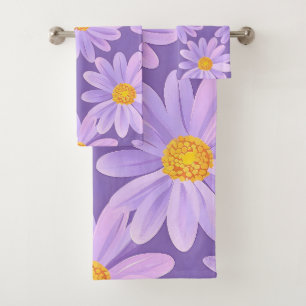 Hand painted purple daisy flowers bath towel set