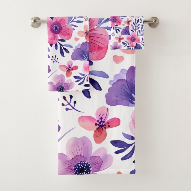 Hand painted purple flowers bath towel set (Insitu)