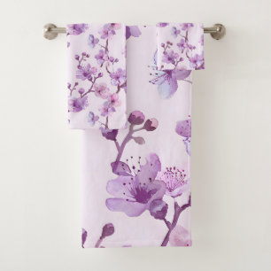 Hand painted purple flowers bath towel set