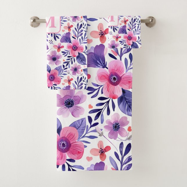 Hand painted purple flowers personalised monogram  bath towel set (Insitu)