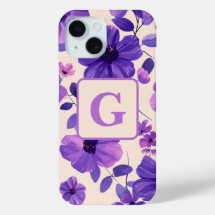 Hand painted purple flowers personalised monogram iPhone 15 case