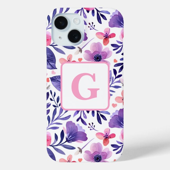 Hand painted purple flowers personalised monogram  Case-Mate iPhone case (Back)