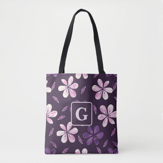 Hand painted purple flowers personalised monogram  tote bag (Front)