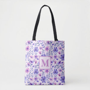 Hand painted purple flowers personalized monogram  tote bag