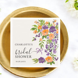 Hand Painted Purple Orange Floral Bridal Shower Napkin