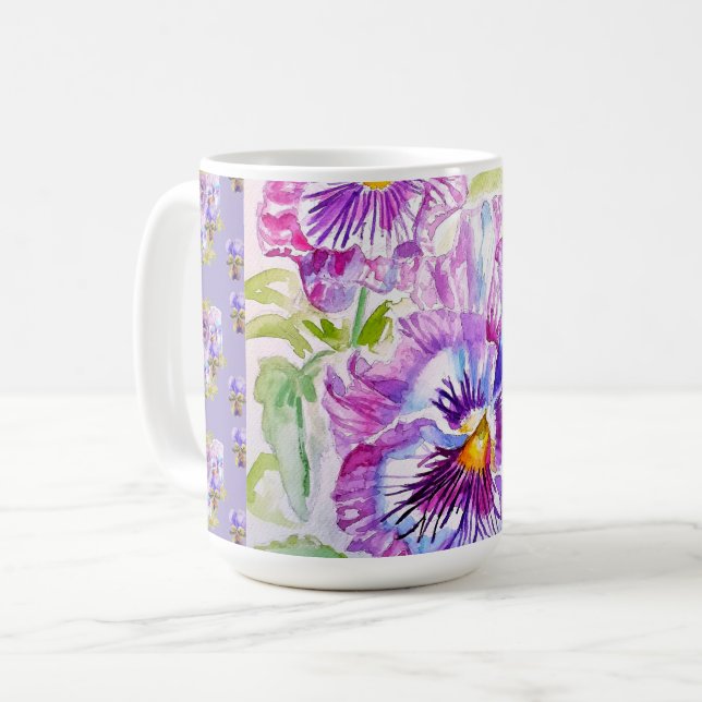 Hand Painted Purple Pansy Pansies floral Latte Mug (Front Left)