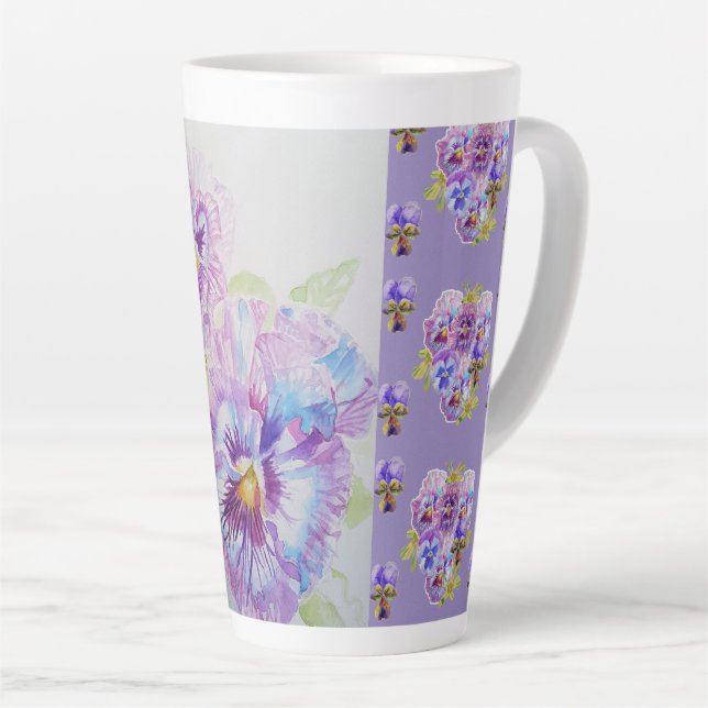 Hand Painted Purple Pansy Pansies floral Latte Mug (Right Angle)