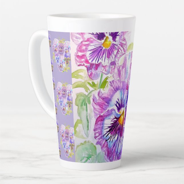 Hand Painted Purple Pansy Pansies floral Latte Mug (Left Angle)