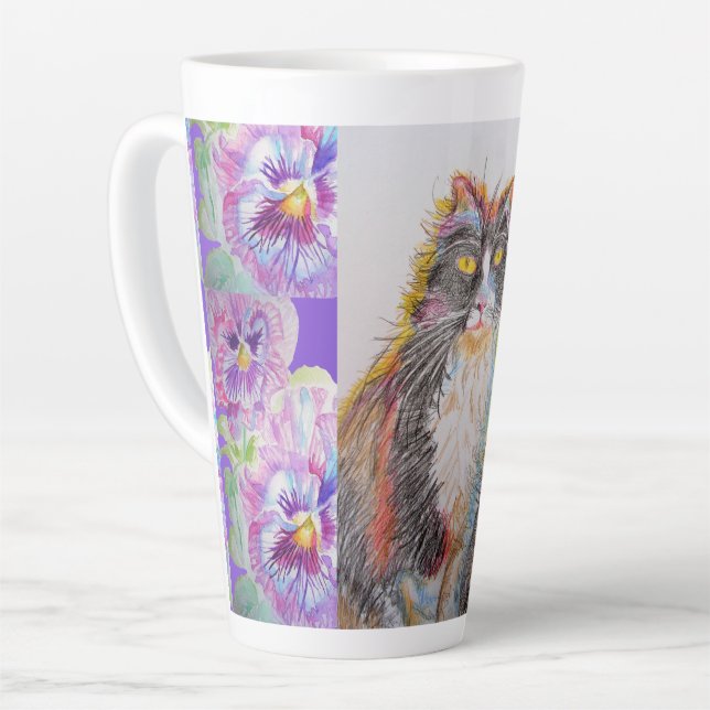 Hand Painted Purple Tuxedo Cat floral Latte Mug (Left Angle)