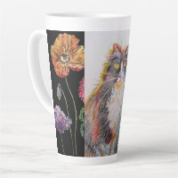 Hand Painted Purple Tuxedo Cat floral Latte Mug