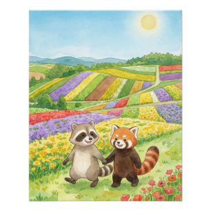 Hand-Painted Raccoon & Red Panda Meadow Poster