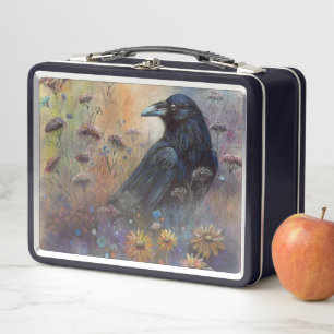 Hand Painted - Raven and Flowers Metal Lunch Box