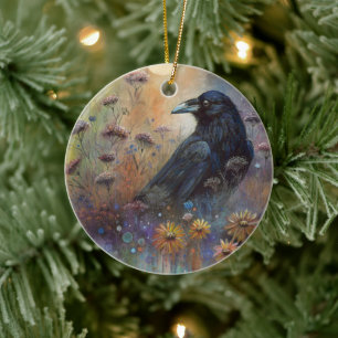 Hand Painted Raven with Wildflowers Ceramic Tree Decoration