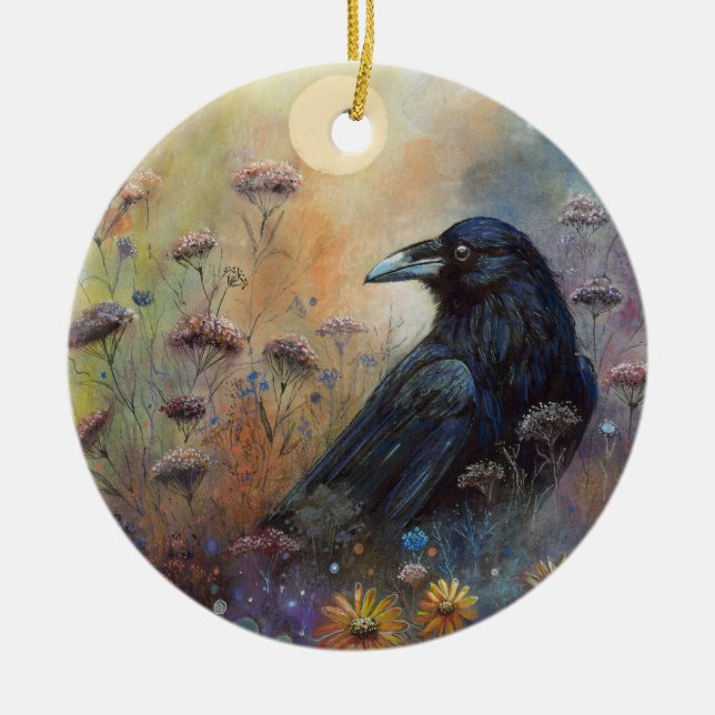 Hand Painted Raven with Wildflowers Ceramic Tree Decoration (Front)