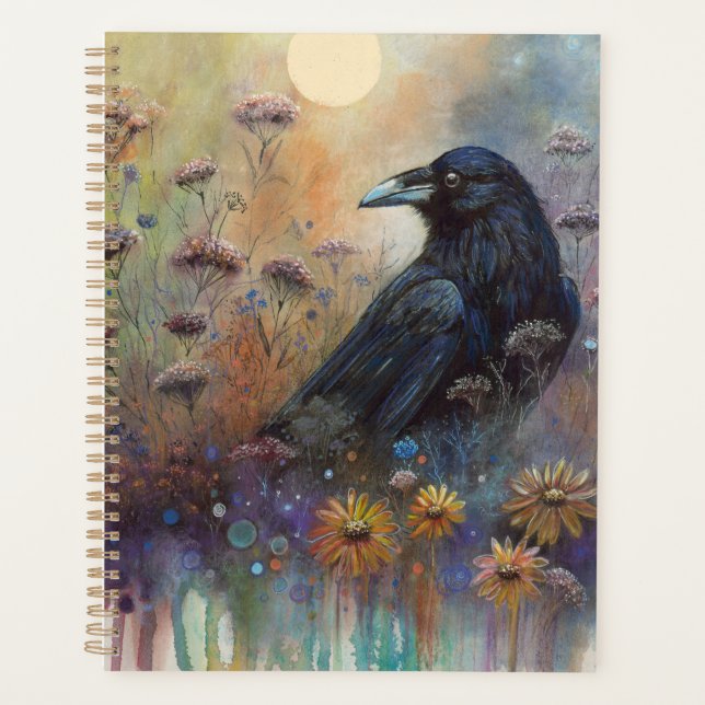 Hand Painted Raven with Wildflowers Planner (Front)