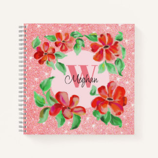 Hand-painted Red Flowers Blush Pink Glitter  Notebook