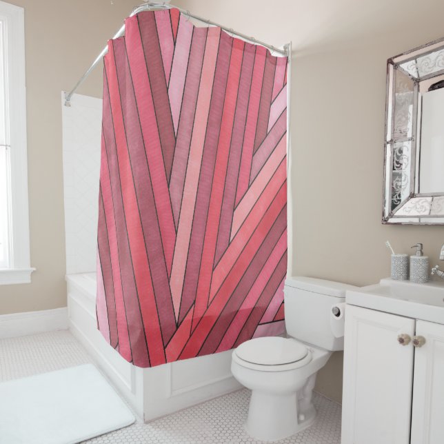 Hand Painted Red Geometric Stripe Design Shower Curtain (In Situ)