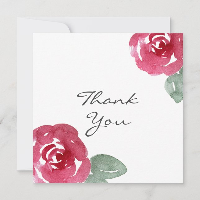 Hand Painted Red Pink Watercolor Rose Thank You Card (Front)