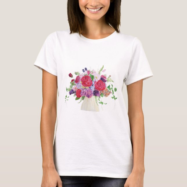 hand painted red rose hydrangea bouquet T-Shirt (Front)