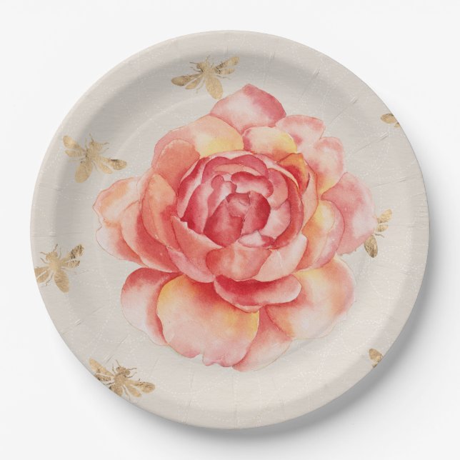 Hand Painted Rose or Peony w/ Golden Bees on White Paper Plate (Front)